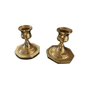 2 Vtg Midcentury Baldwin Polished Brass Candlesticks/holders Octagon Base 3.5"
